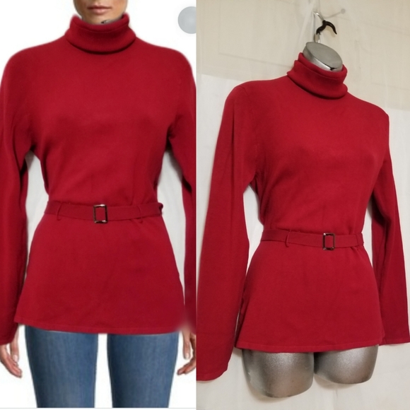 Bcbgmaxazria turtleneck red belted sweater L - Picture 1 of 11